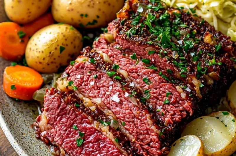 Irish corned beef and cabbage dish on a sheet pan, ready to serve.