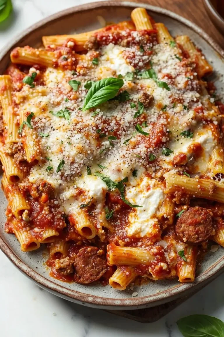 Delicious Italian Sausage Baked Ziti topped with melted cheese and fresh herbs