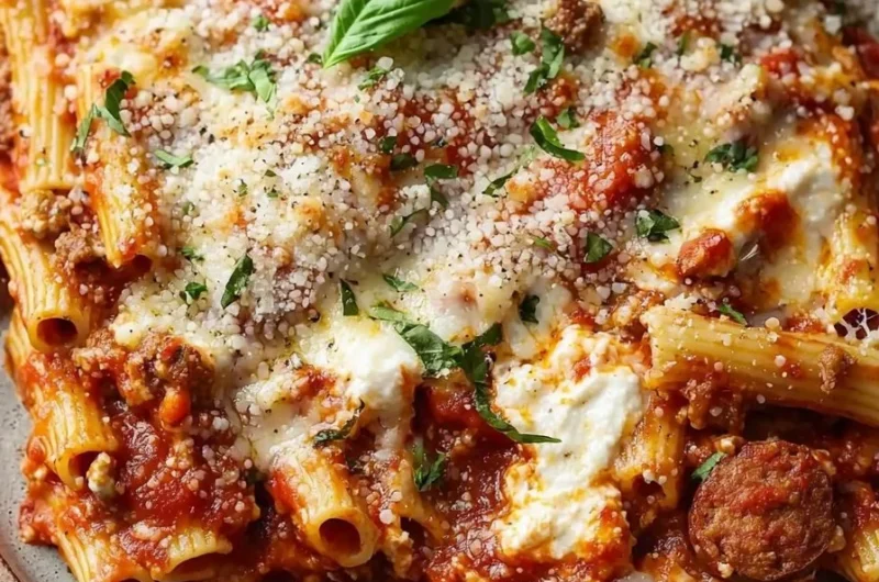Delicious Italian Sausage Baked Ziti topped with melted cheese and fresh herbs