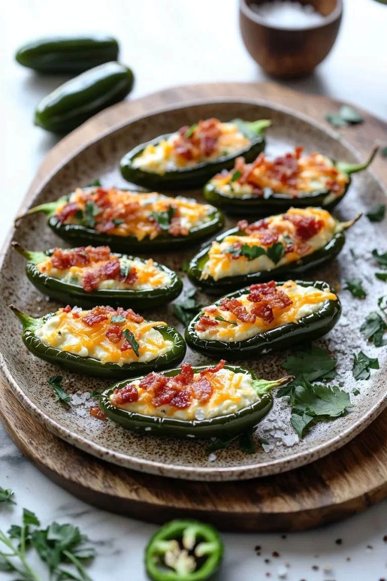 Delicious jalapeno poppers wrapped in crispy bacon, perfect appetizer.