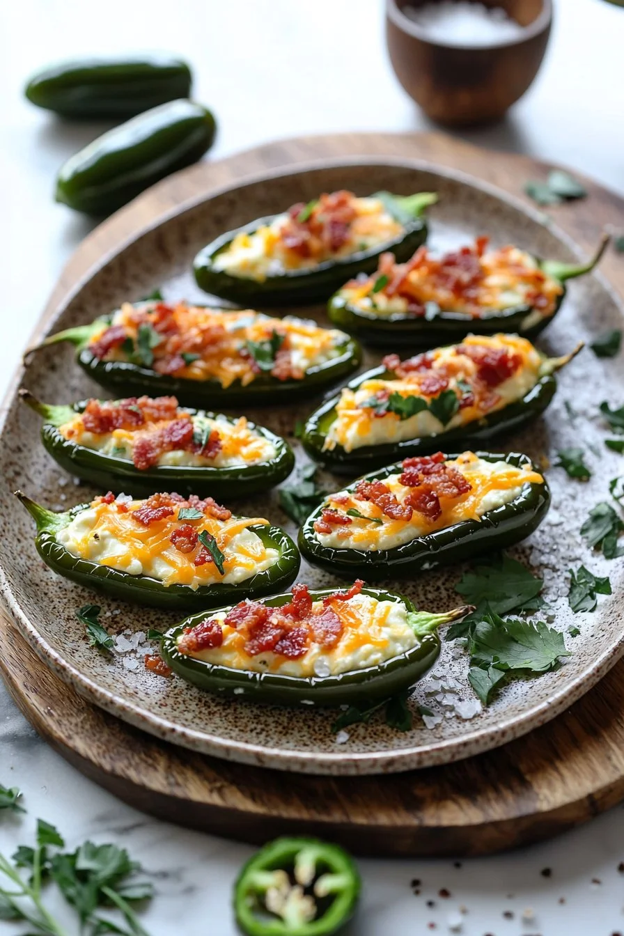 Delicious jalapeno poppers wrapped in crispy bacon, perfect appetizer.