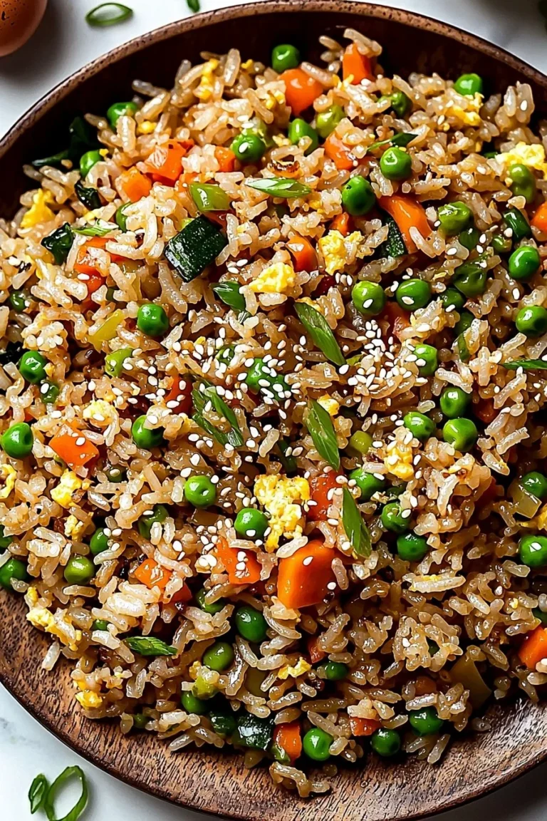 Delicious Korean Veggie Fried Rice garnished with fresh vegetables.