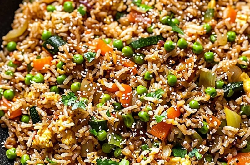 Delicious Korean Veggie Fried Rice served in a bowl garnished with green onions.