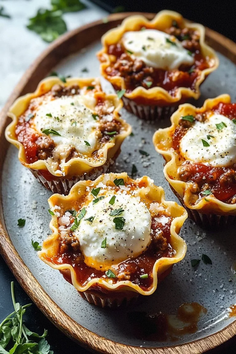 Delicious lasagna cups served on a plate with marinara sauce and fresh basil.