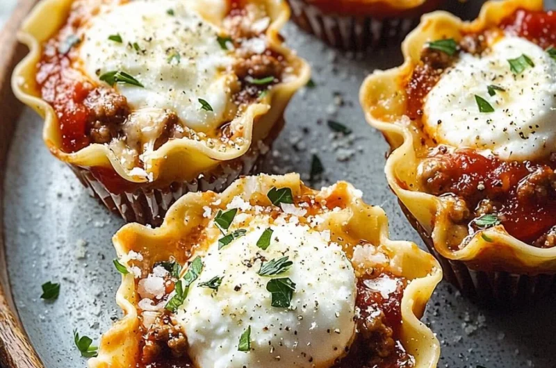 Delicious lasagna cups served on a plate with marinara sauce and fresh basil.