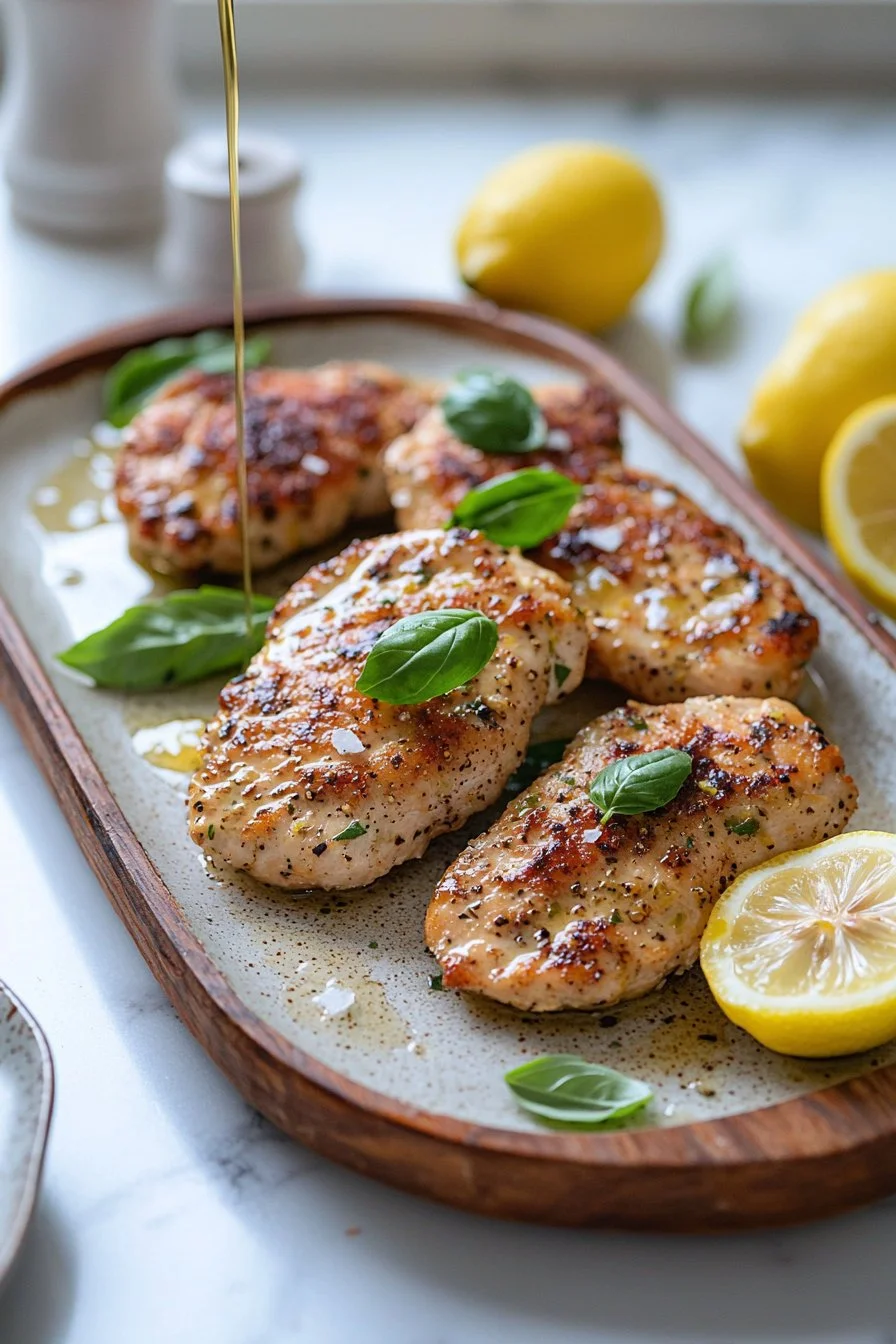 Delicious Lemon Basil Chicken Cutlets garnished with fresh herbs