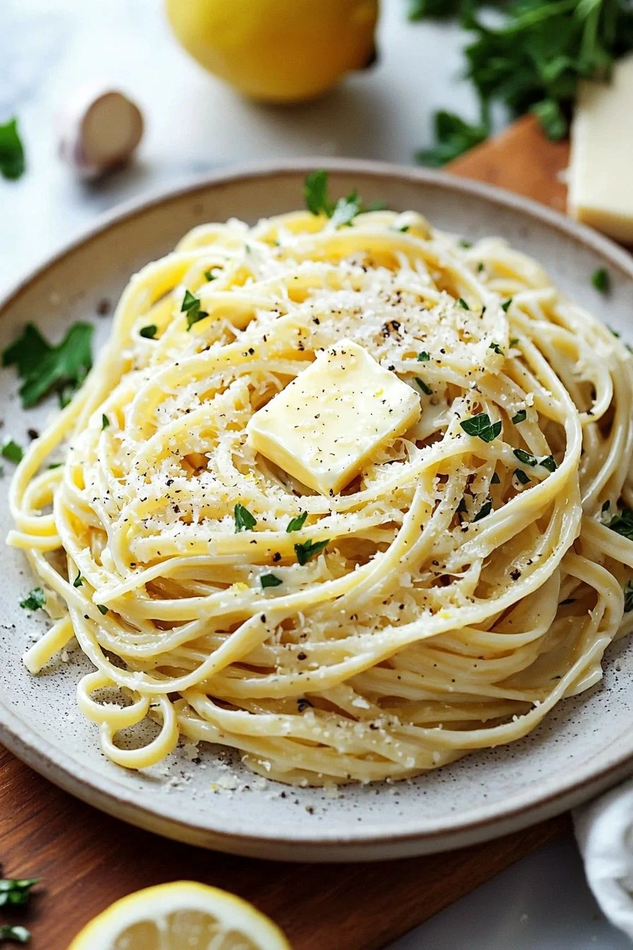 Plate of Lemon Butter Linguine garnished with parsley and lemon zest.