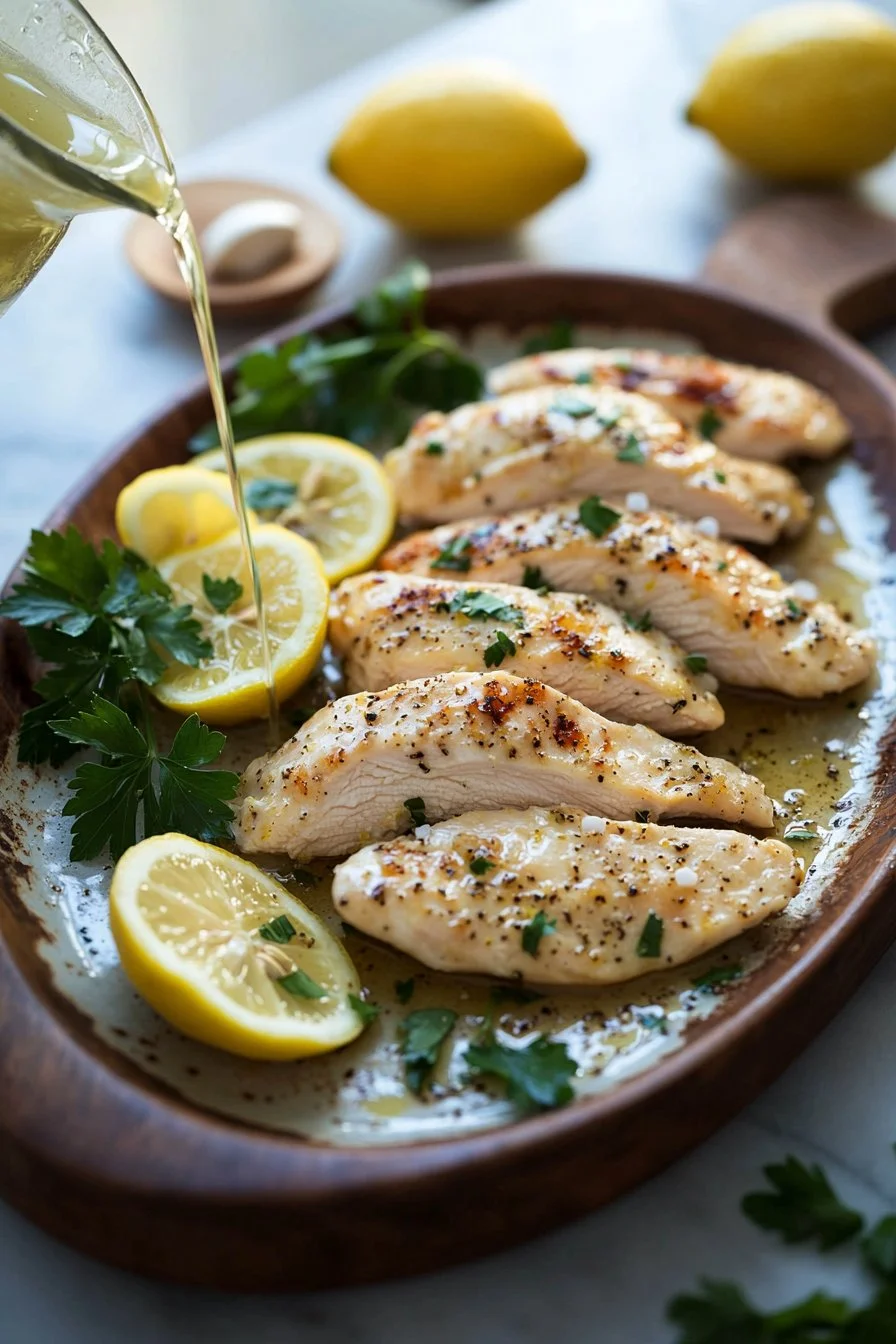 Delicious lemon chicken dish with fresh herbs and golden garnishes