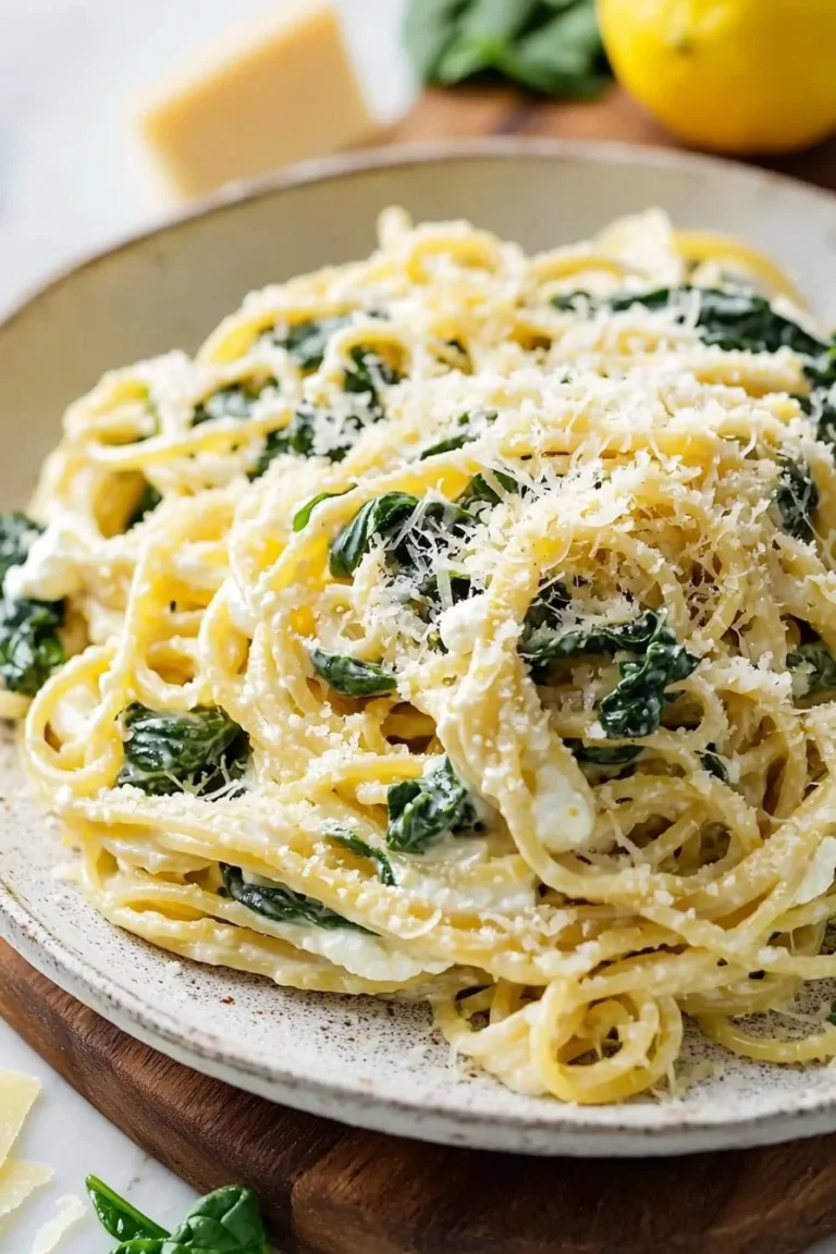 Lemon Ricotta Pasta with Spinach garnished with fresh herbs