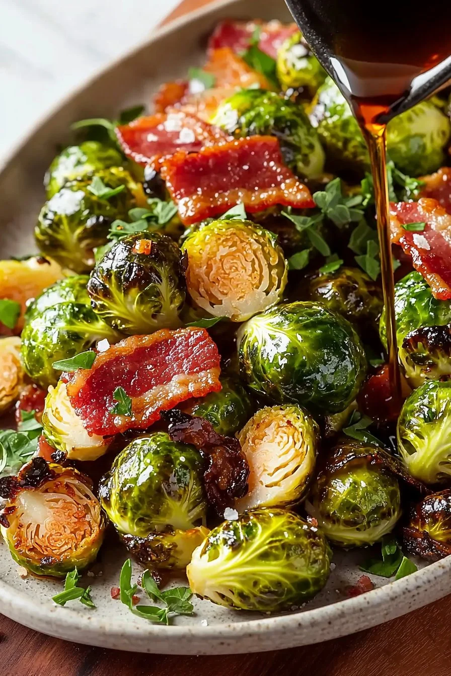 Maple Roasted Brussels Sprouts with Turkey Bacon fresh out of the oven