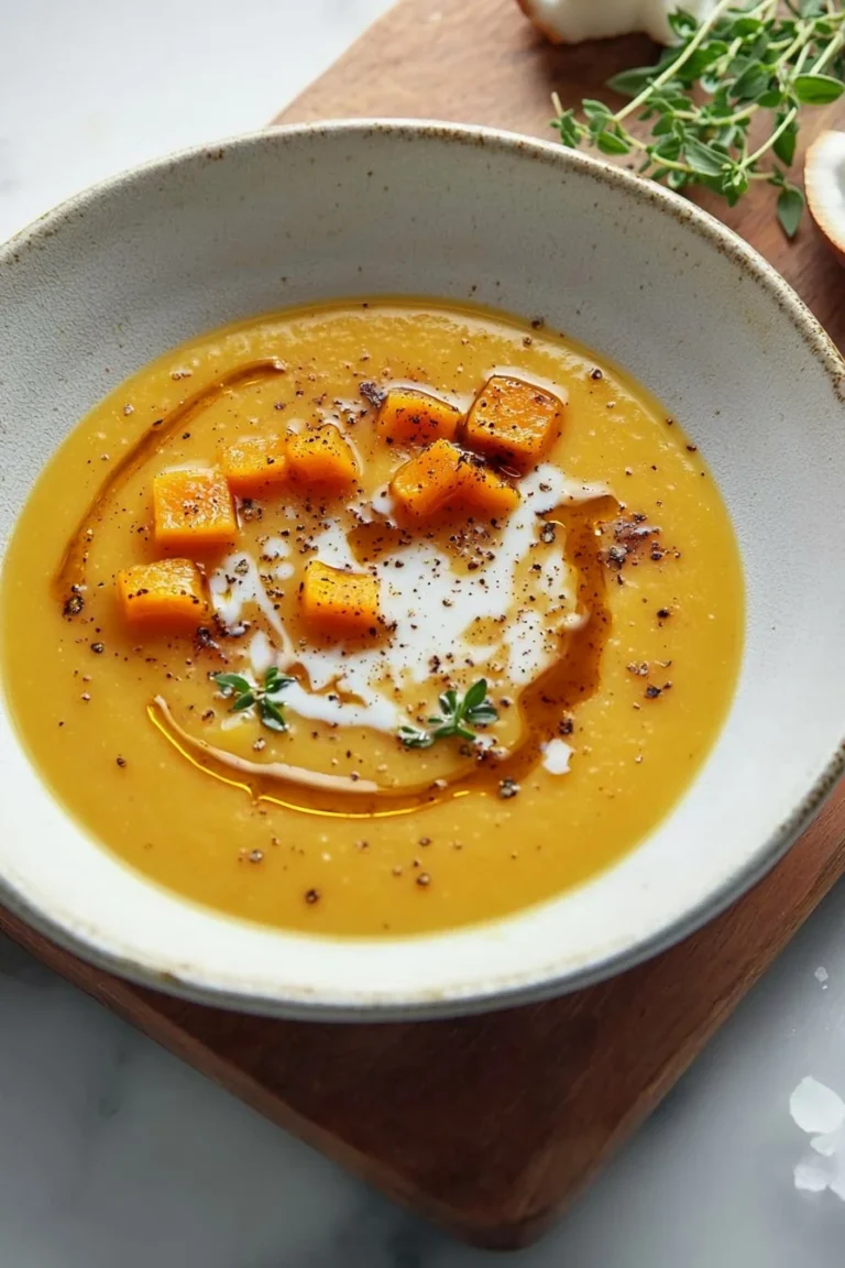 Bowl of creamy maple roasted butternut squash soup garnished with herbs