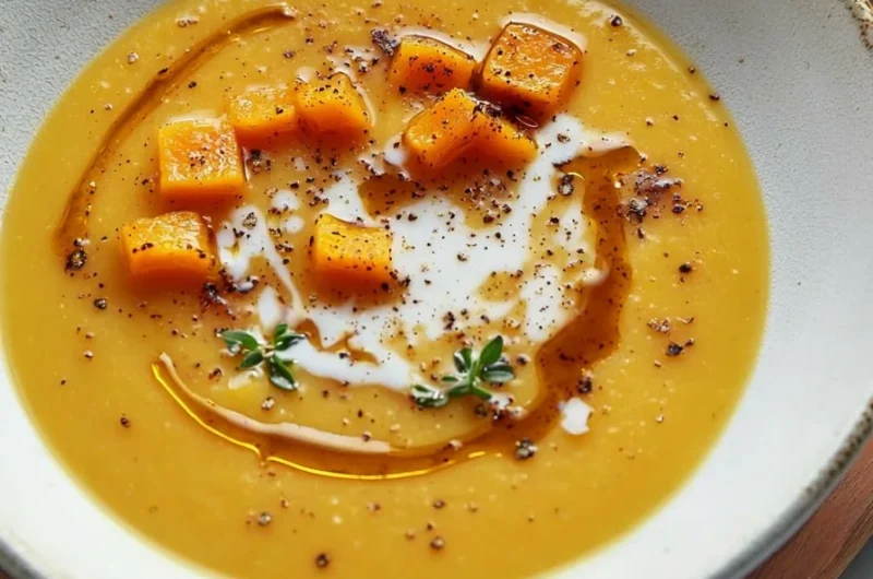 Bowl of creamy maple roasted butternut squash soup garnished with herbs