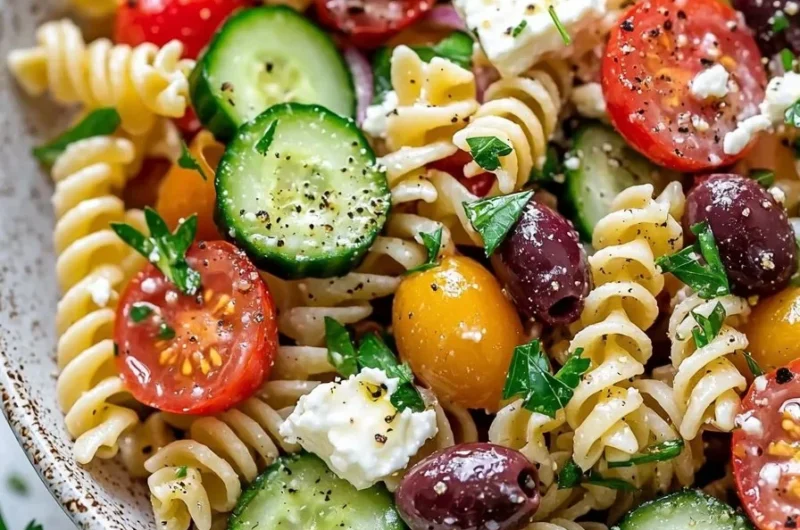 Mediterranean Pasta Salad with fresh vegetables and olives in a bowl