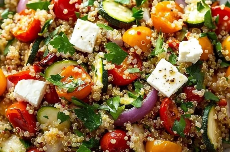 Mediterranean quinoa salad with roasted vegetables in a bowl
