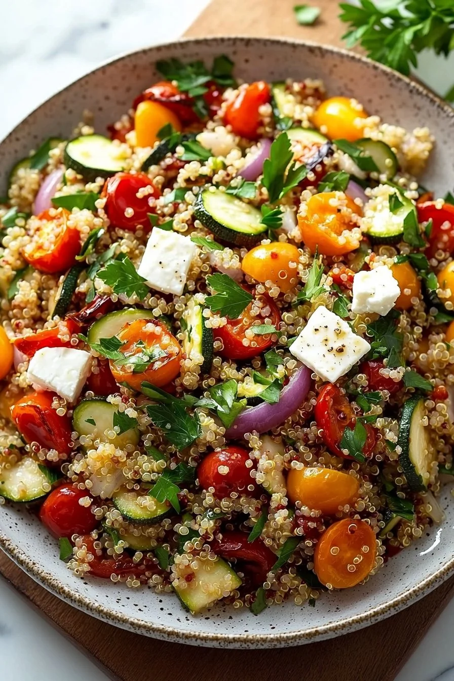 Mediterranean quinoa salad with roasted vegetables in a bowl