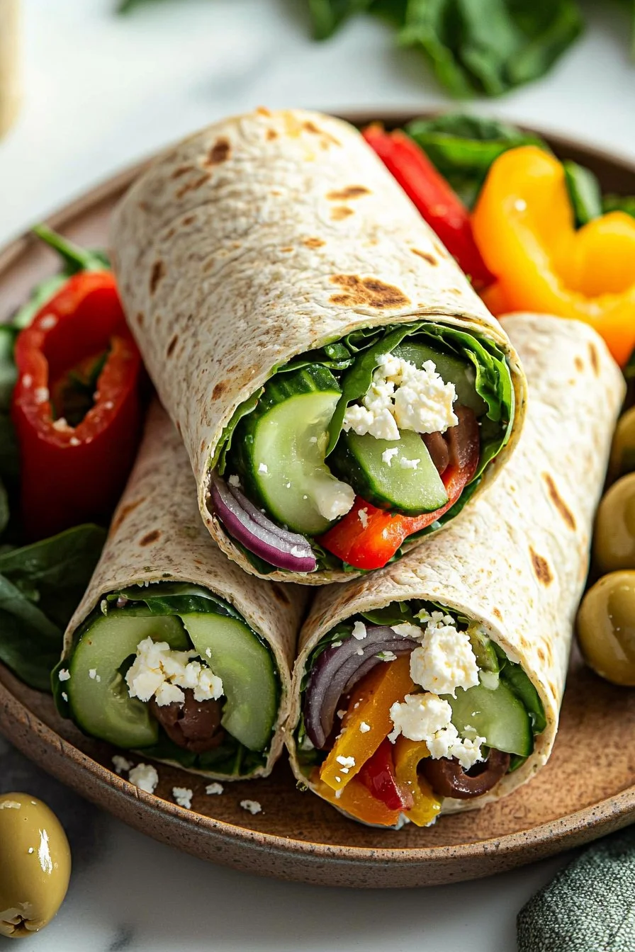 Healthy Mediterranean Veggie Wraps with colorful vegetables and herbs