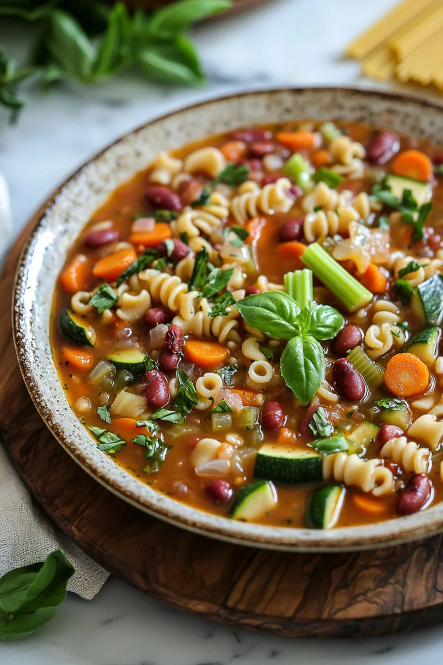 A warm bowl of hearty minestrone soup filled with vegetables and pasta.