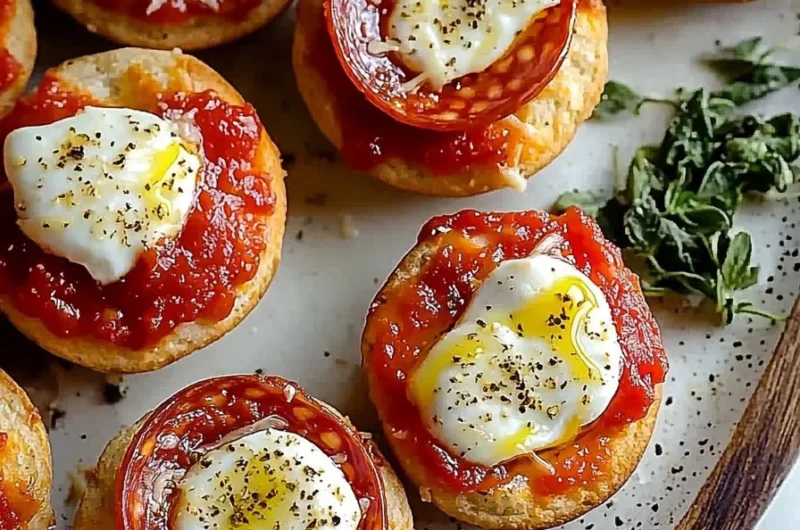 Mini English muffin pizzas loaded with cheese and toppings
