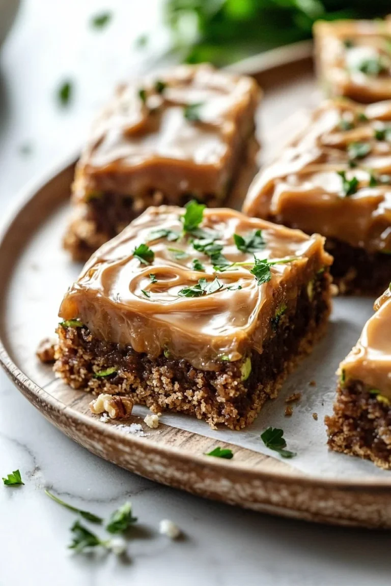 Delicious moist zucchini bars with a creamy caramel frosting on top.