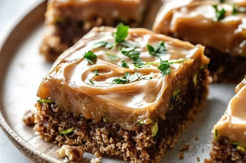 Delicious moist zucchini bars with a creamy caramel frosting on top.