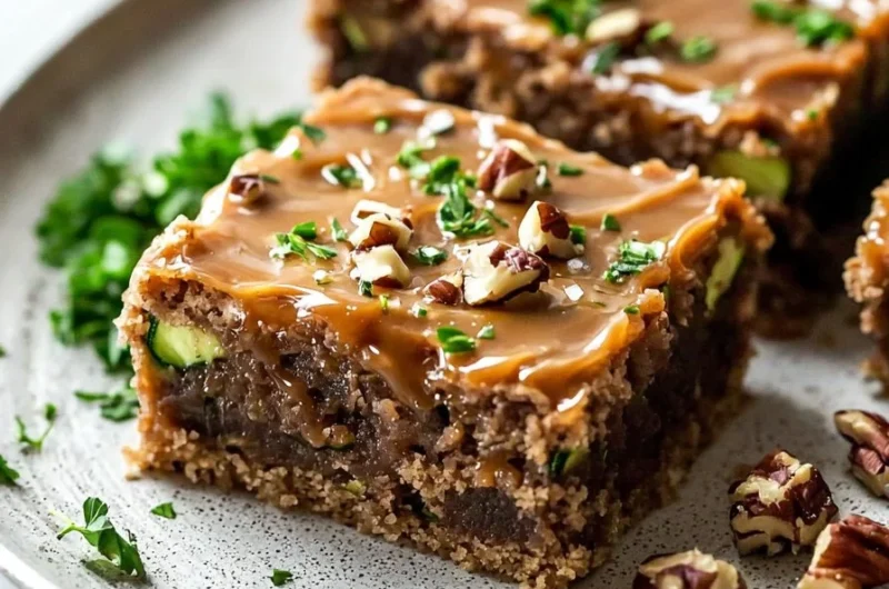 Moist zucchini bars with caramel frosting topped with drizzled caramel sauce