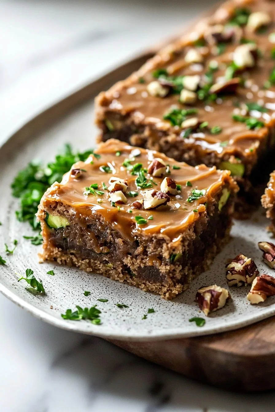 Moist zucchini bars with caramel frosting topped with drizzled caramel sauce