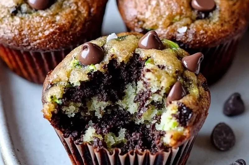 Moist zucchini chocolate chip muffins with chocolate chips and fresh zucchini