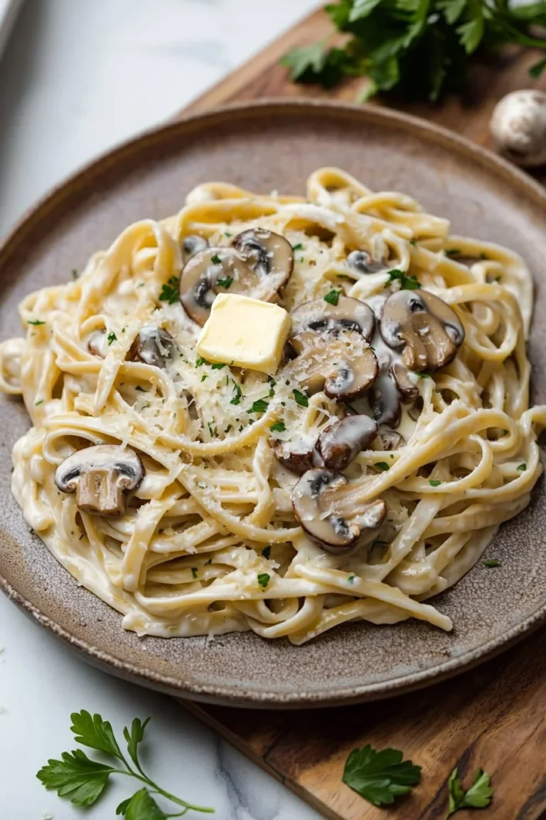 Delicious plate of Mushroom Fettuccine Alfredo topped with freshly grated Parmesan.