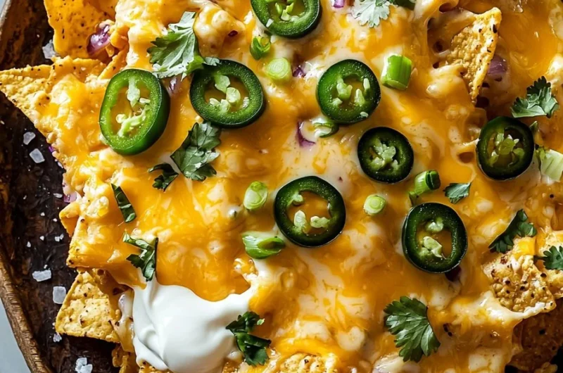 Delicious nachos topped with creamy cheese sauce served on a plate
