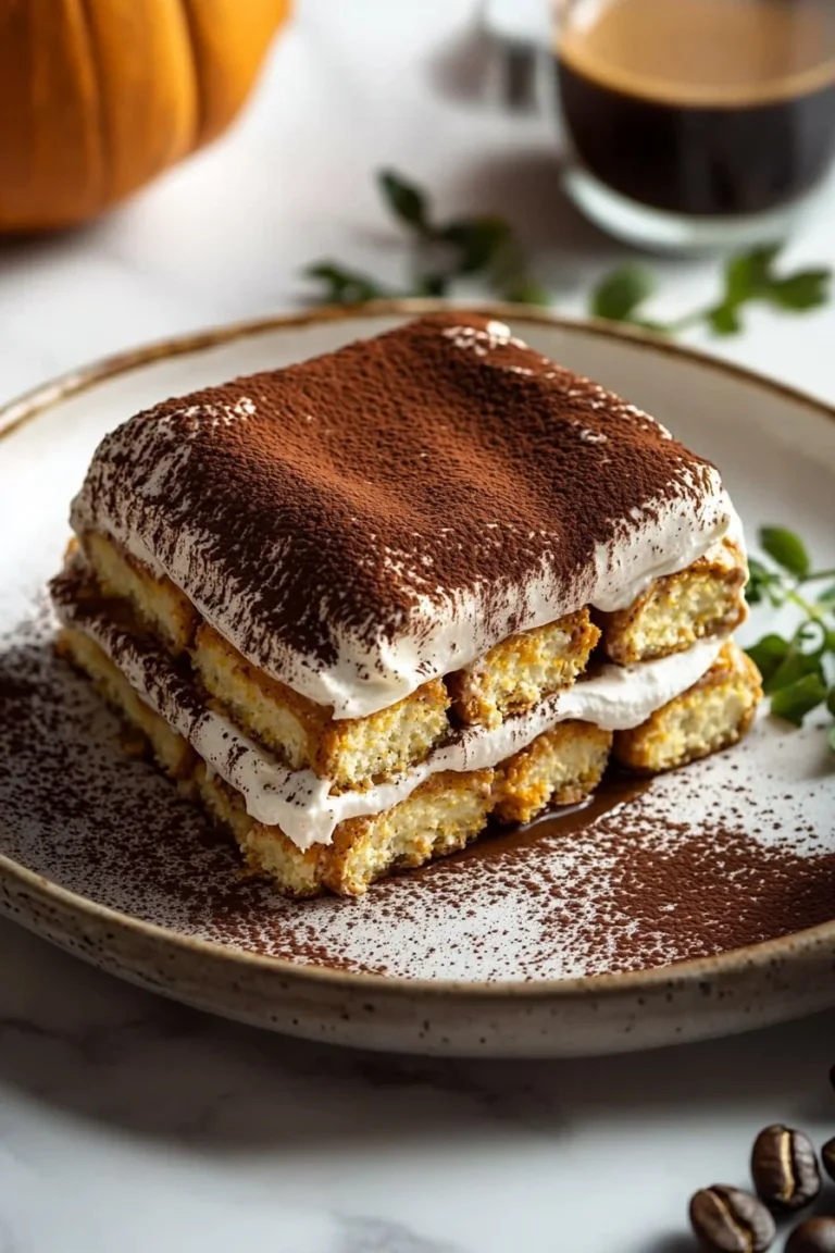 No-bake pumpkin spice tiramisu dessert garnished with spices and coffee