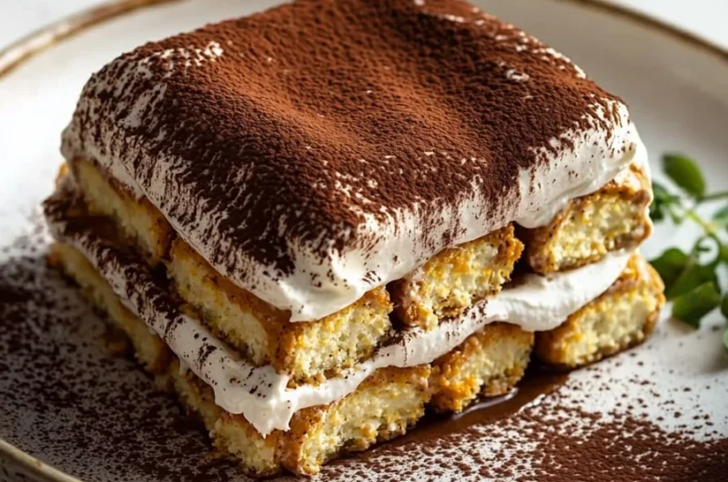 No-bake pumpkin spice tiramisu dessert garnished with spices and coffee