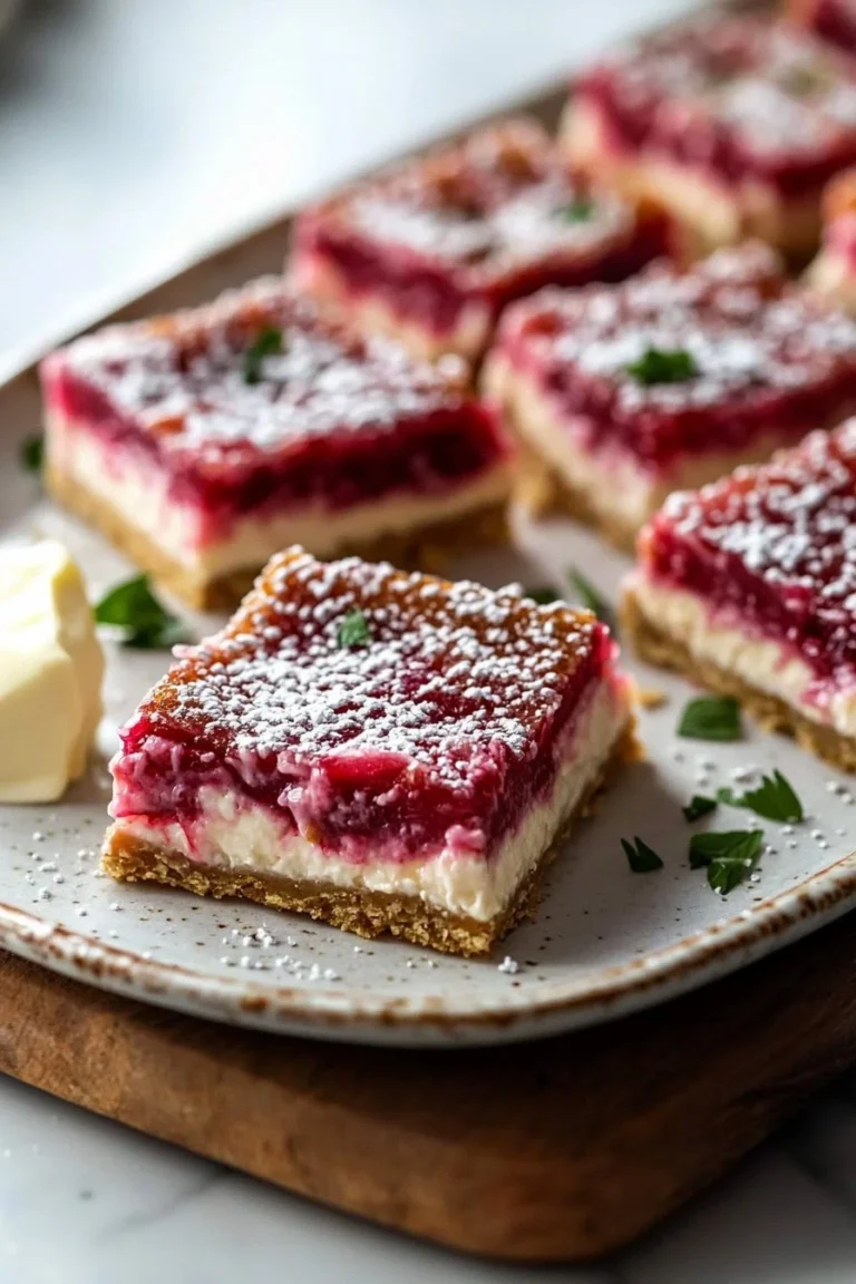 No Bake Rhubarb Cheesecake Squares served on a plate for a refreshing dessert.