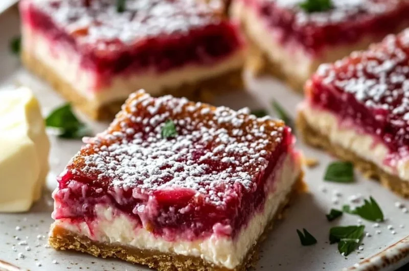 No Bake Rhubarb Cheesecake Squares served on a plate for a refreshing dessert.