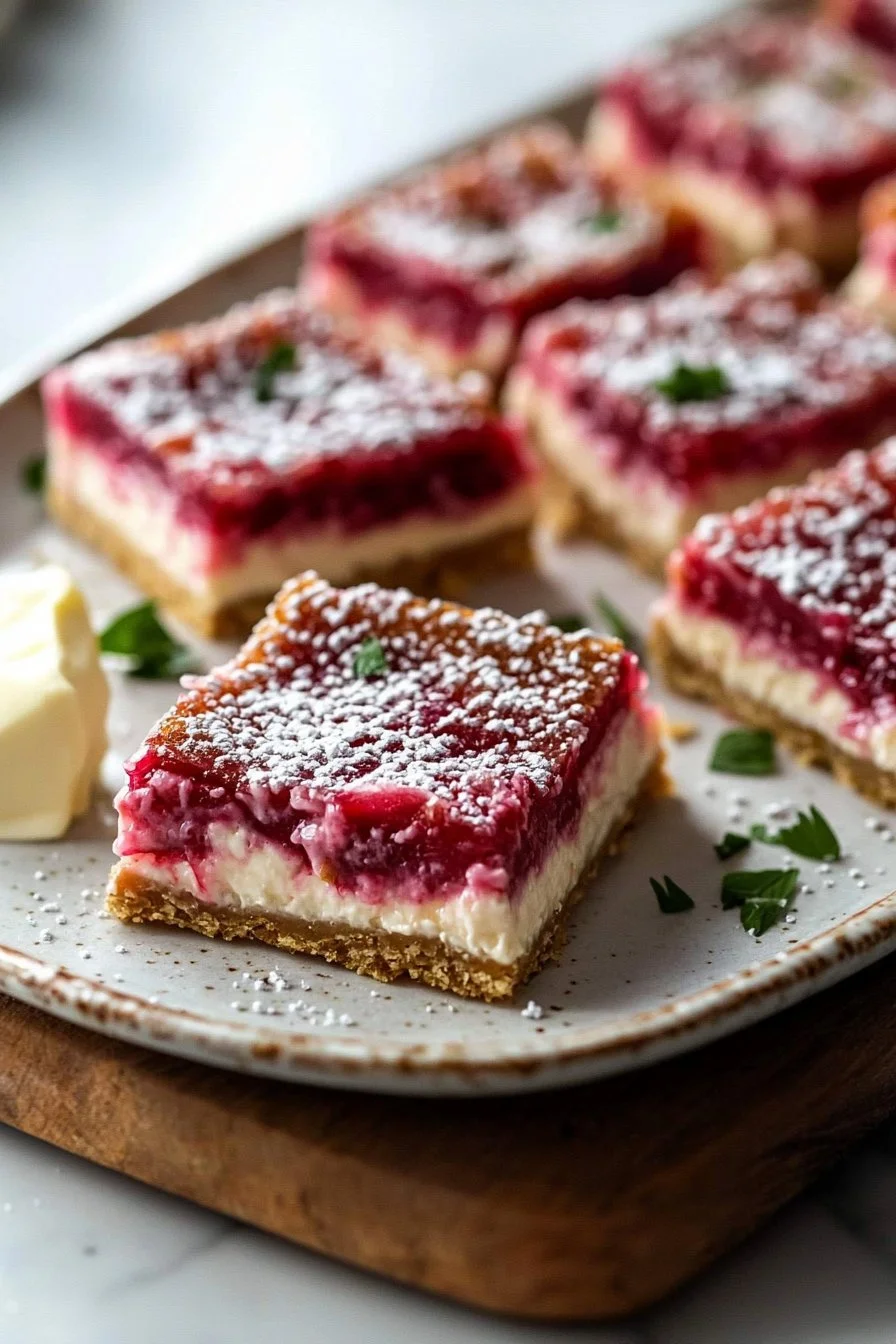 No Bake Rhubarb Cheesecake Squares served on a plate for a refreshing dessert.