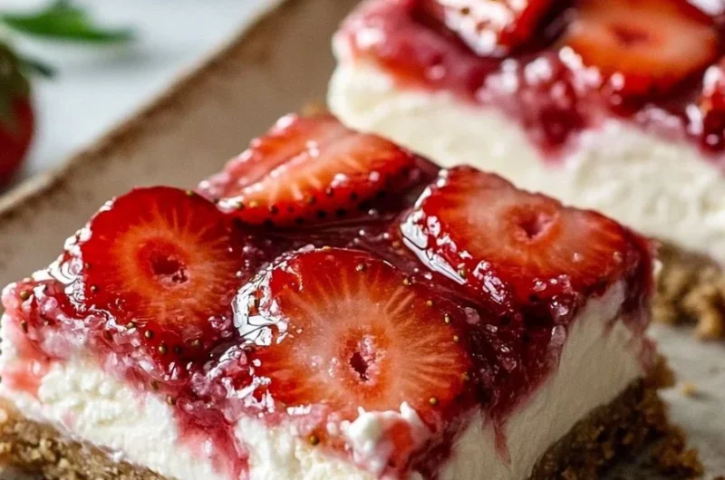 No Bake Strawberry Cheesecake Bars topped with fresh strawberries