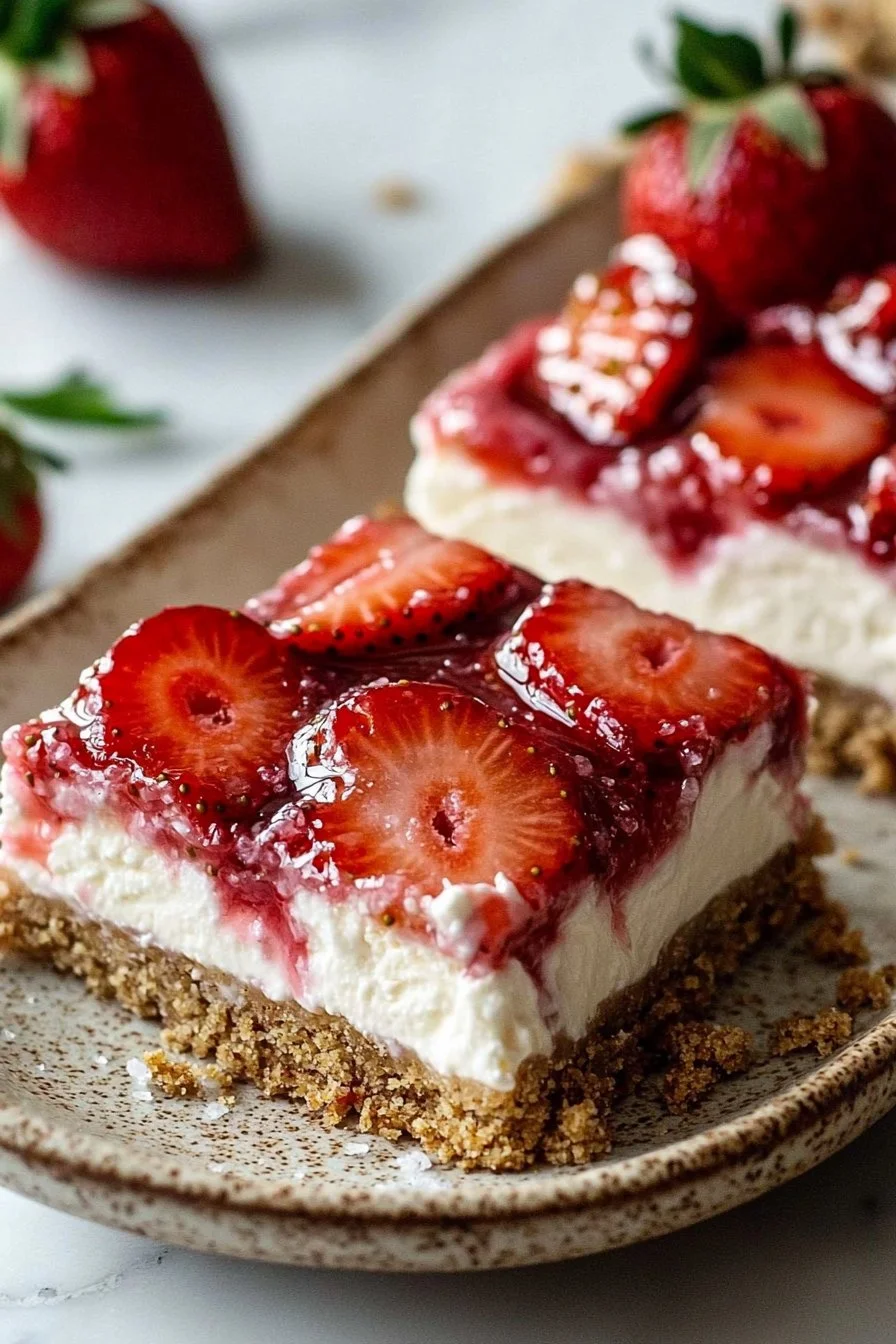 No Bake Strawberry Cheesecake Bars topped with fresh strawberries