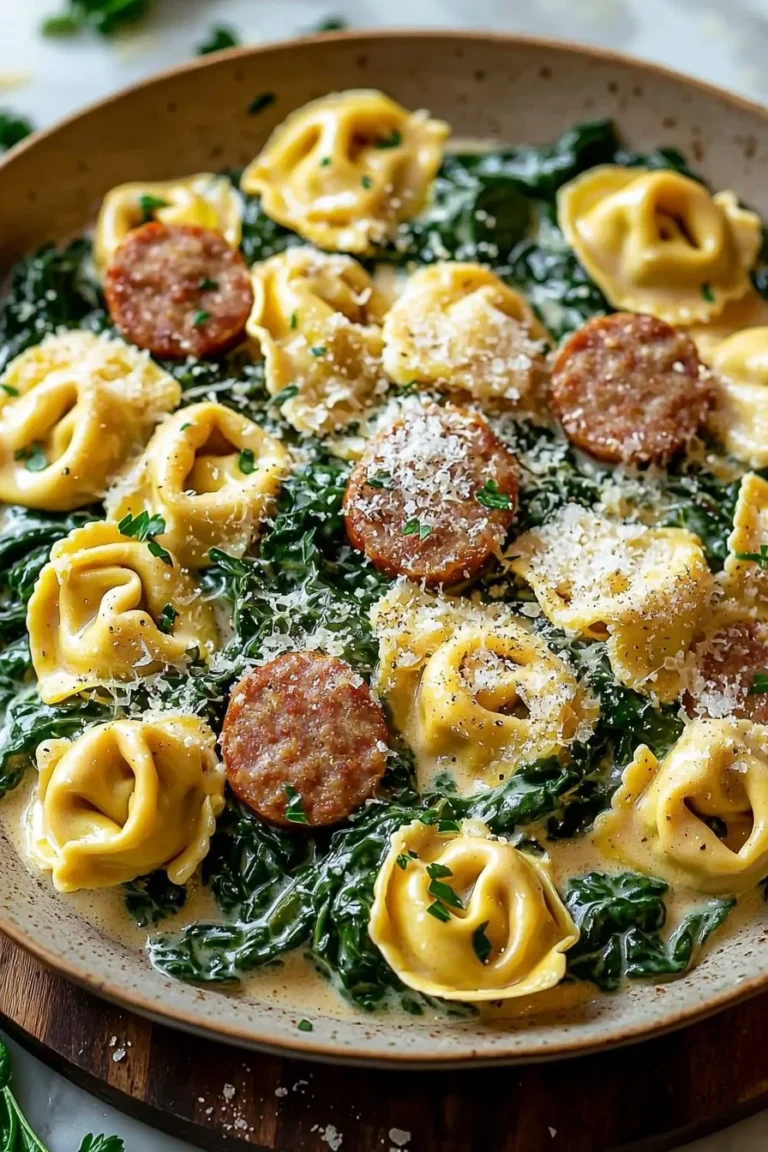 A bowl of creamy garlic spinach tortellini with sausage, garnished with fresh spinach.