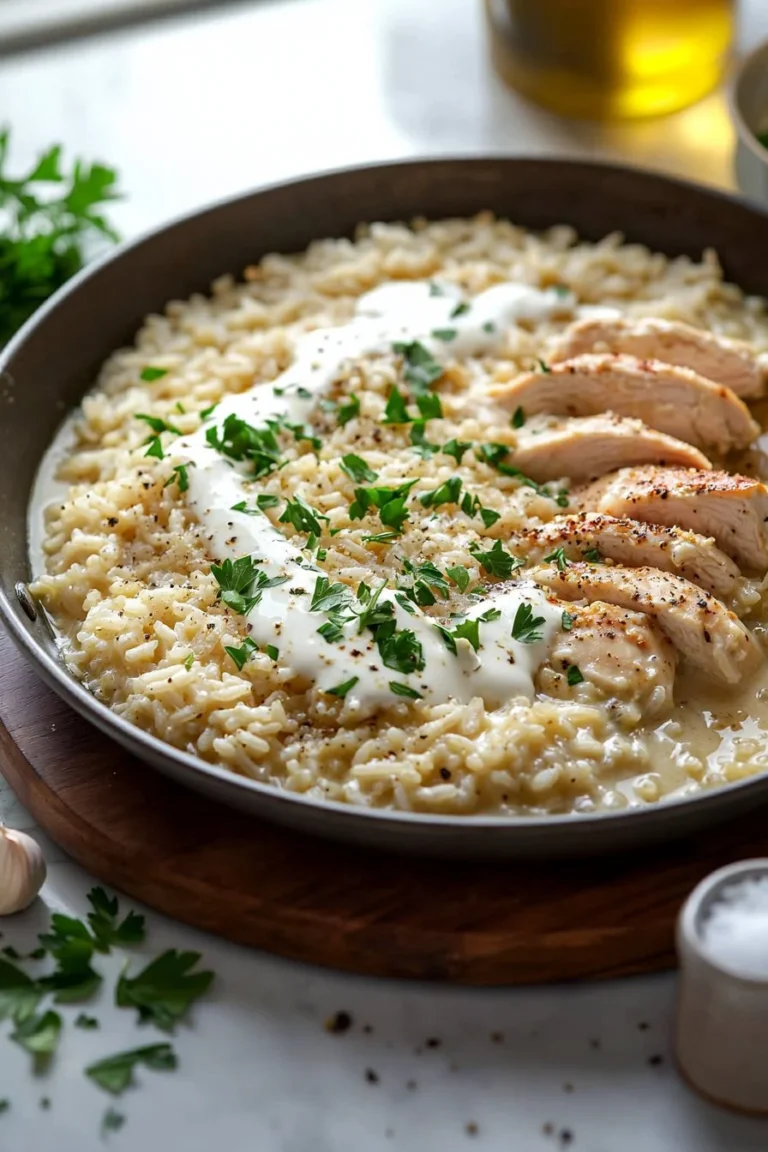 One-Pan Creamy Parmesan Chicken and Rice dish served on a plate