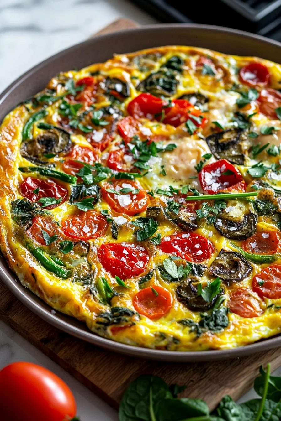 Colorful one pan egg frittata with fresh veggies, perfect for a healthy meal.