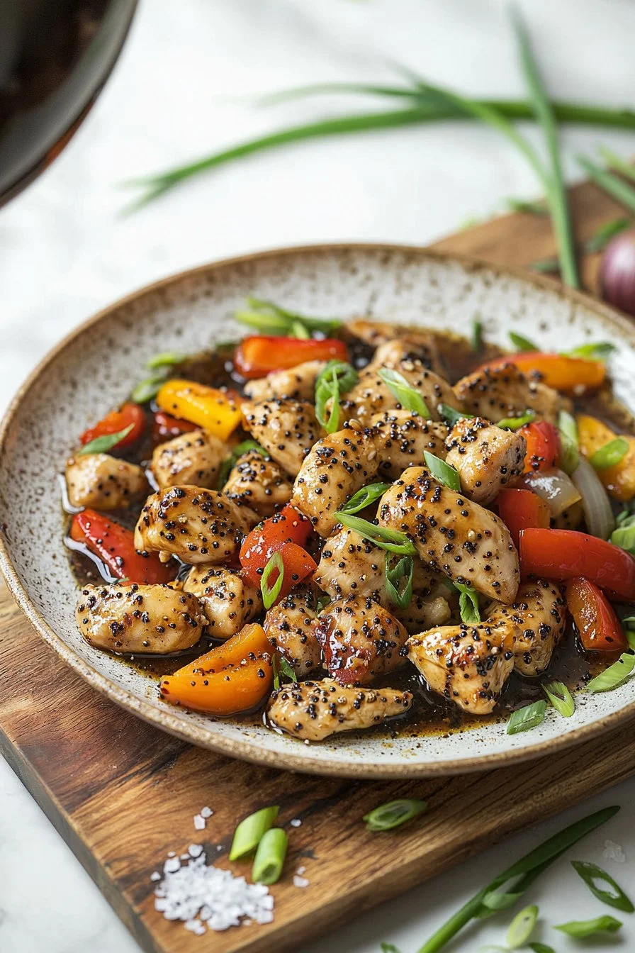 Delicious one-pot black pepper chicken served on a plate with vegetables