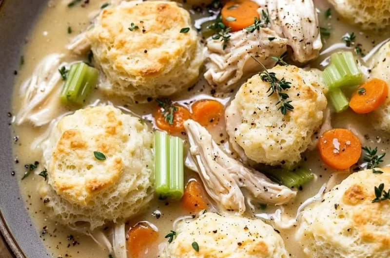 Delicious one pot chicken and dumplings with biscuits in a creamy broth.
