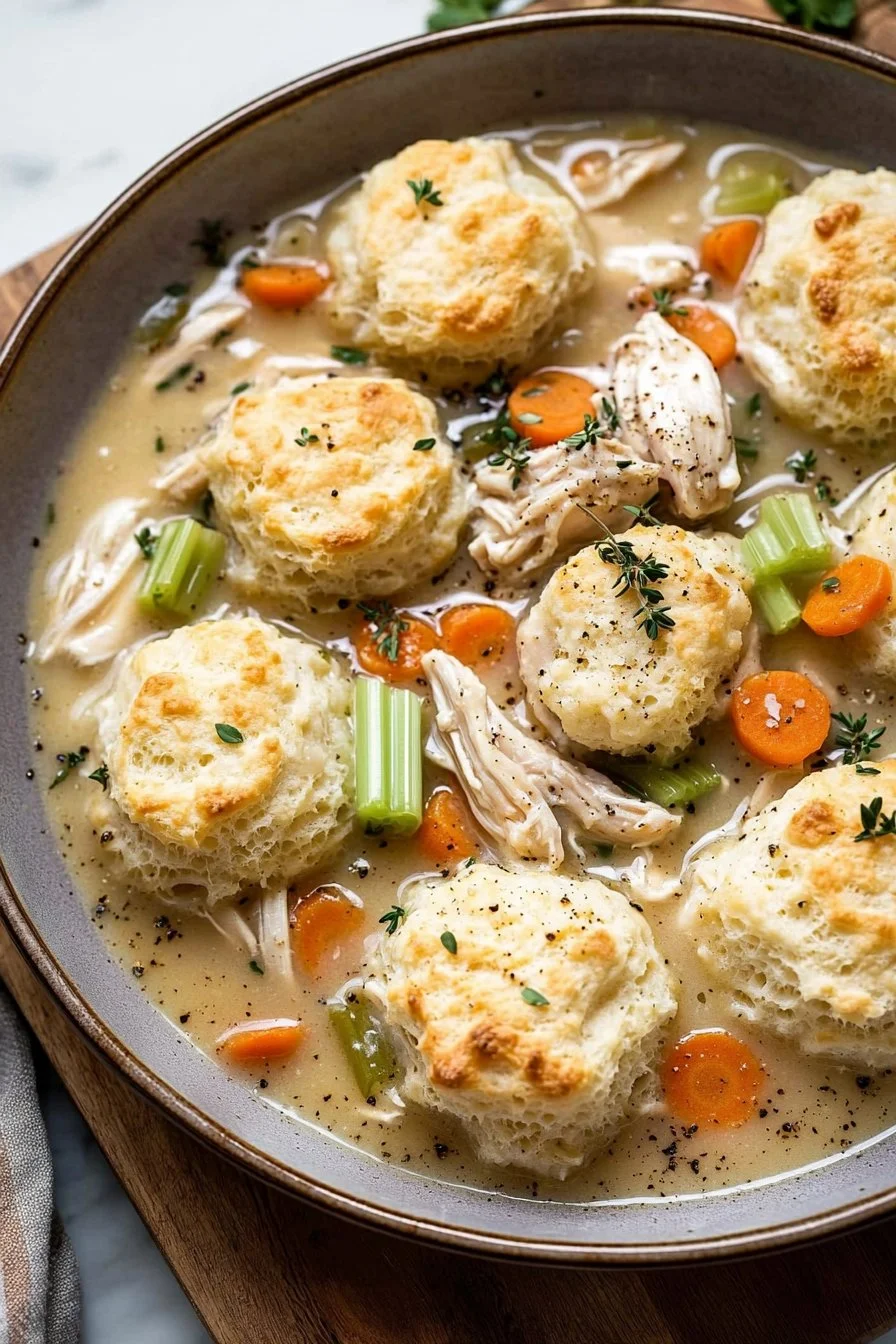 One Pot Chicken and Dumplings with Biscuits
