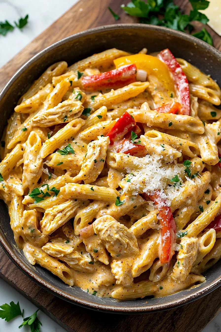 One Pot Creamy Cajun Chicken Pasta in a skillet with fresh herbs