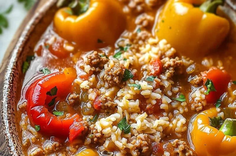 Delicious one-pot stuffed bell pepper soup featuring ground turkey and fresh vegetables