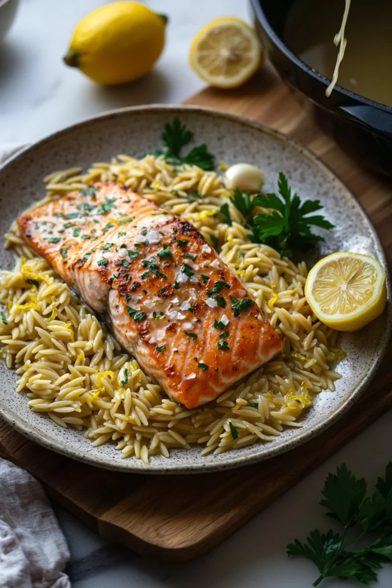 One skillet salmon served with lemon orzo, a perfect weeknight dinner.