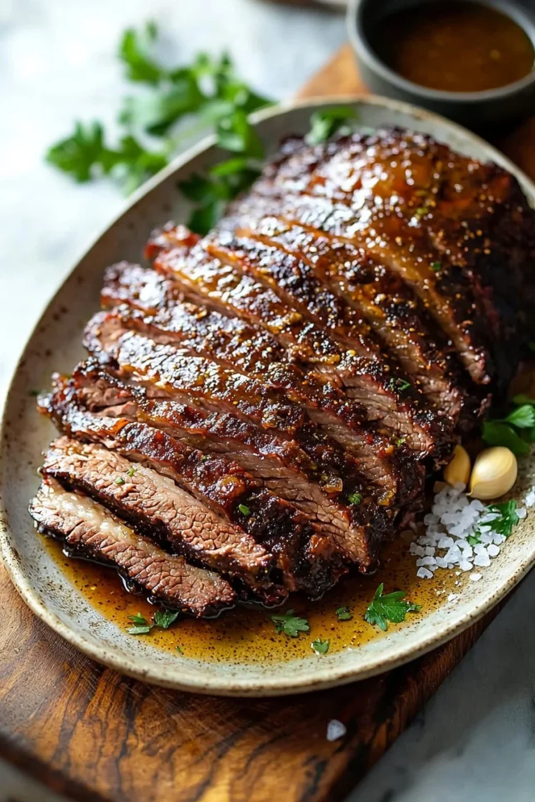 Juicy oven baked beef brisket served on a wooden cutting board with herbs.