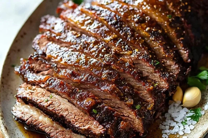 Juicy oven baked beef brisket served on a wooden cutting board with herbs.