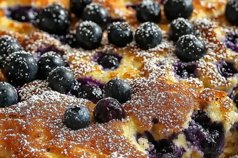 Delicious blueberry pancake casserole baked overnight for a perfect breakfast.