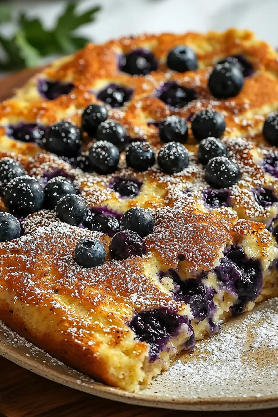 Delicious blueberry pancake casserole baked overnight for a perfect breakfast.