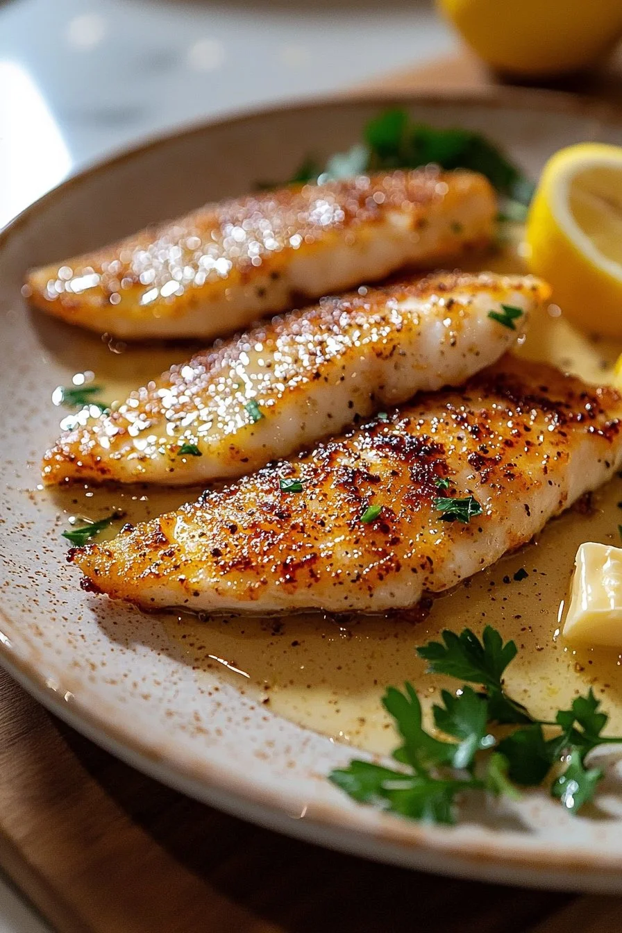 Pan fried tilapia fillets served with garlic lemon butter sauce